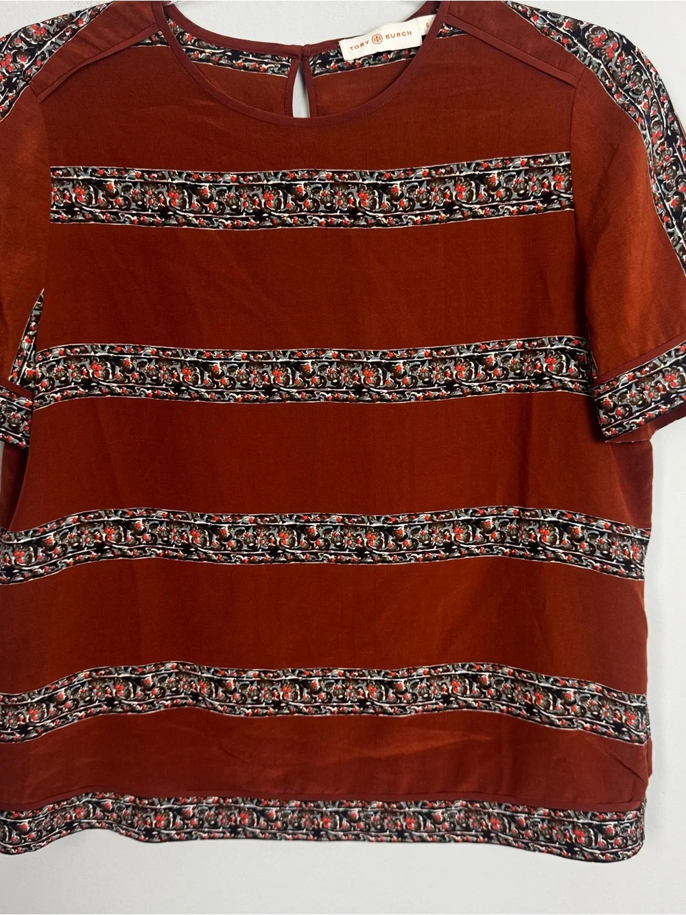 TORY BURCH | 100% Silk Rust Floral Stripe Short Sleeve Top Women’s Size 6